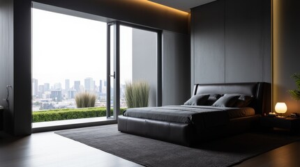 Fototapeta premium Sleek Contemporary Bedroom with Wall-Mounted Bed and Window View
