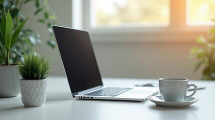 Fototapeta premium Modern Home Office Desk Setup with Laptop, Coffee, and Plant
