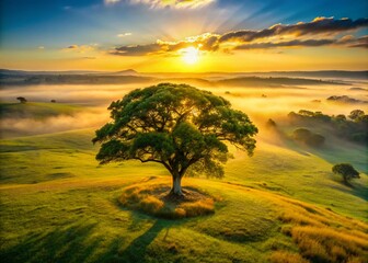 Aerial View of an Ancient Tree in a Grassy Meadow During a Golden Misty Sunrise in the Midlands of Kwa Zulu Natal, South Africa