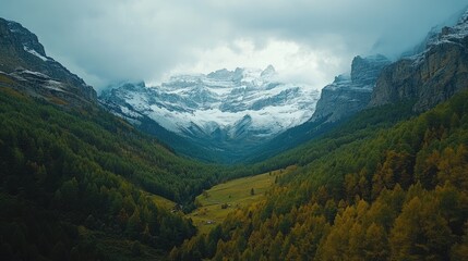 Fototapeta premium Snowy mountain peaks towering over lush green valley in the alps