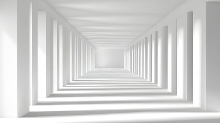 Fototapeta premium A long, narrow hallway with white walls and white pillars. The hallway is empty and has no furniture or decorations. The light shining on the walls creates a sense of emptiness and loneliness