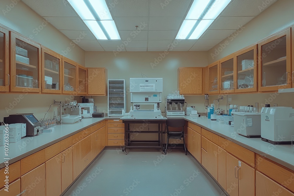 Poster modern laboratory with advanced equipment and wooden cabinets displaying cutting-edge technology