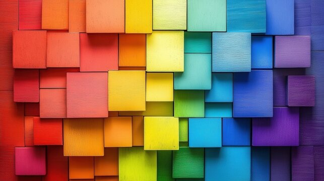 A colorful image of blocks in various colors. The blocks are arranged in a way that creates a rainbow effect. Concept of creativity and playfulness, as well as a celebration of diversity