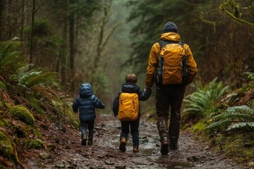 Father hiking with sons in lush forest trail