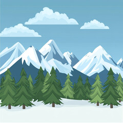 Fototapeta premium A snowy mountain range with pine trees in the foreground and blue sky with clouds.