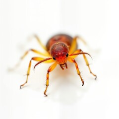 Fototapeta premium Close up of a red ant with yellow legs. Macro photo of insect, showing its eyes, mandibles, and hairy legs. Detailed portrait of a crawling ant in studio.