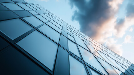 Obraz premium Photograph of architecture a vertical striped facade, a building with a blue sky and dark clouds, captured during the golden hour