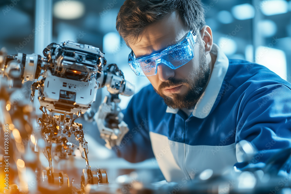 Poster a focused engineer adjusts a small robot while wearing futuristic glasses in a high-tech lab