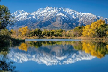Obraz premium Snowy mountain reflecting in calm lake during autumn
