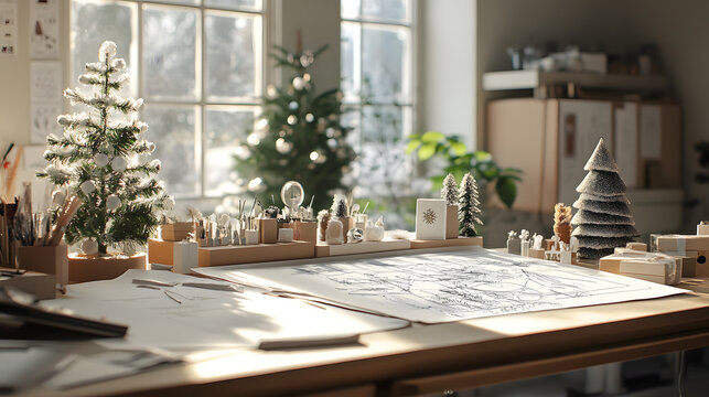 A creative studio filled with sketches and designs for new holiday decorations.