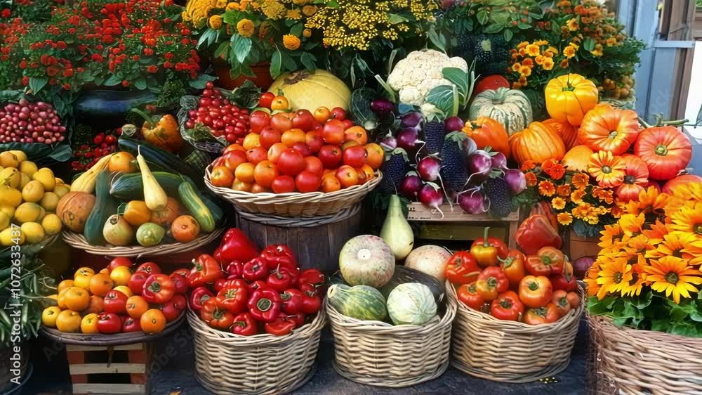 Poster baskets and crates overflowing with colorful fruits and vegetables are arranged in front of a flower