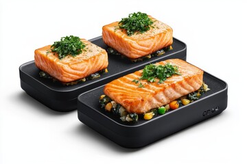 Grilled salmon fillets garnished with herbs, served on black trays with a colorful vegetable medley, showcasing a delicious, healthy meal.