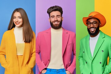 Three stylish individuals in vibrant outfits pose against colorful backgrounds, showcasing modern fashion trends and cheerful expressions.