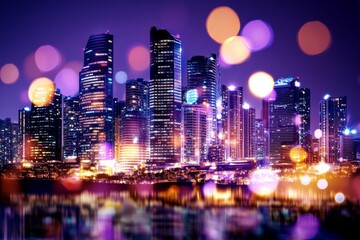 Obraz premium A vibrant city skyline illuminated at night, with colorful bokeh lights in the foreground creating a dynamic, urban atmosphere.