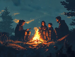 A family sitting around a campfire telling stories