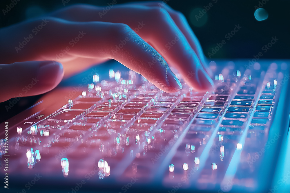 Poster a hand inputs text on a keyboard illuminated by colorful lights, creating an engaging atmosphere dur