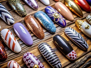 Aerial View of Colorful and Diverse Nail Designs on Display, Showcasing Various Shapes and Styles for Nail Art Inspiration and Trends
