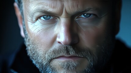 Obraz premium A man with a beard and blue eyes is staring at the camera. He has a serious expression on his face