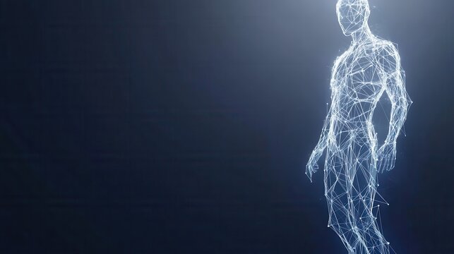 Explore the intriguing world of abstract medical figures representing a doctor surrounded by glowing blue shapes in modern art