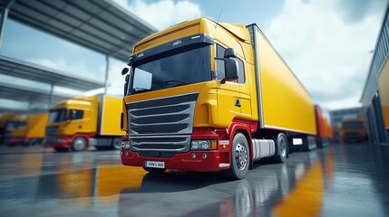 A yellow semi truck is parked in a lot with other trucks. The truck is yellow and red, and it is the only one that is not parked in a row