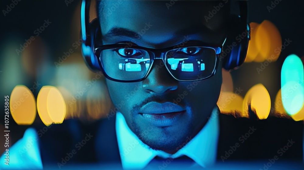 Poster a man wearing glasses and a suit is looking at a computer screen. the image has a moody and mysterio