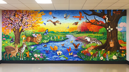 A detailed sticky note mural illustrating the cycle of nature, from seasons to wildlife, vibrant and educational.
