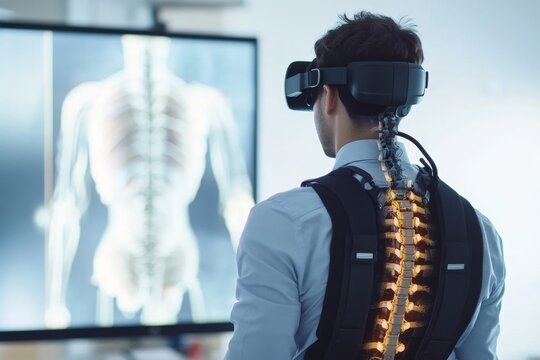 patient using VR technologies and exoskeletons for rehabilitation after brain and spinal cord injuries