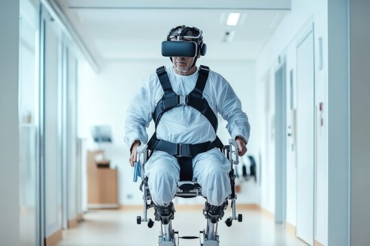 patient using VR technologies and exoskeletons for rehabilitation after brain and spinal cord injuries - Powered by Adobe