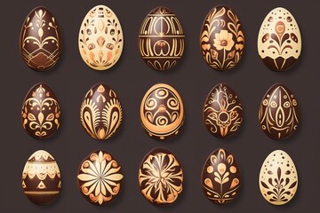 Easter set chocolate ornate eggs on gray background