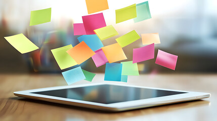 A digital tablet displaying virtual sticky notes used for brainstorming, modern and sleek.