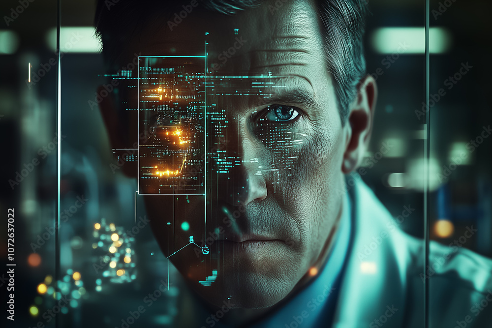 Poster a medical researcher focuses intently on data displayed on screens in a high-tech lab during nightti