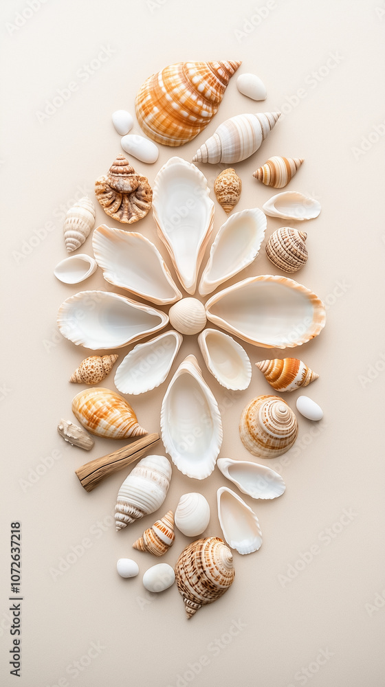 Poster seashells are artistically arranged to form a flower pattern against a light backdrop, highlighting 