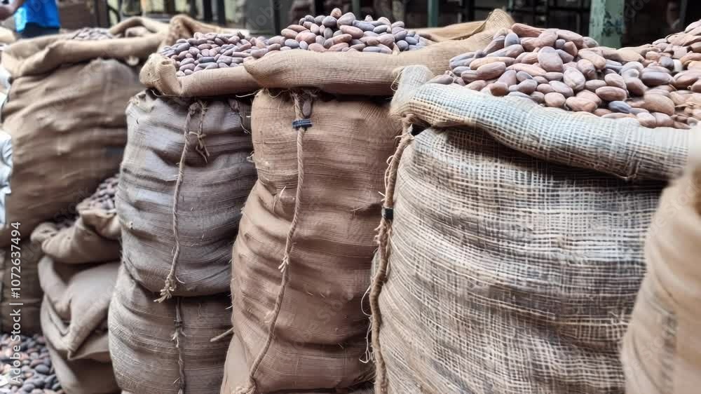 Poster neat rows of burlap sacks filled with cocoa beans, ready for processing on a tropical plantation. es