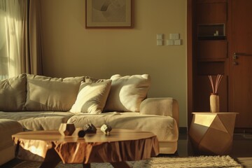Warm and cozy living room interior with mock up poster