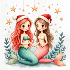 Two cute cartoon mermaids wear Santa hats and pose together. They have long hair, big eyes, and wear Christmas decorations. Mermaids have green and pink tails. One mermaid is holding other hand.