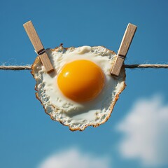 Obraz premium A creative depiction of a sunny-side-up egg hanging from a clothesline, set against a clear blue sky, provoking thoughts on surrealism and imagination.
