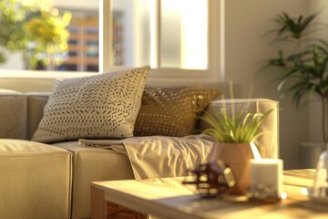 Warm and cozy living room interior with mock up poster