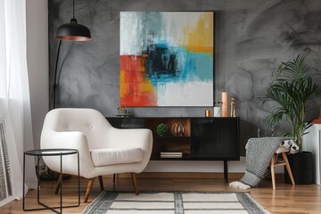 Modern living room with abstract art and white armchair