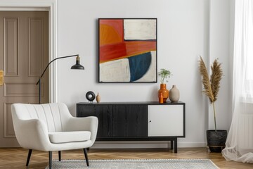 Modern living room with abstract art and white armchair