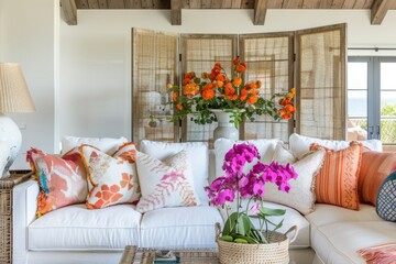 Modern living room with a white sofa and vibrant pillows