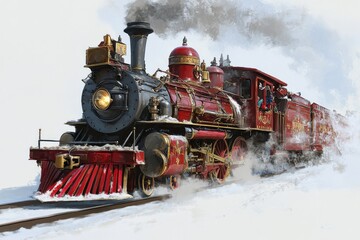 A classic red steam locomotive travels through snow, showcasing intricate details and a nostalgic design reminiscent of the industrial era in winter scenery.