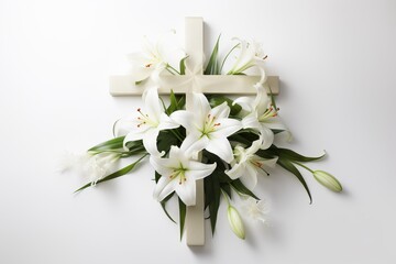 cross with lilies isolated on white background