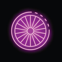 Bright pink neon sign depicting a wheel turning on a black background