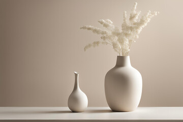 Minimalist Vase with Dried Flowers on Neutral Background,   Elegant minimalist white ceramic vase holding dried flowers, set against a soft beige background for a serene aesthetic