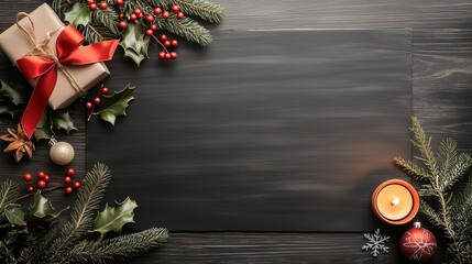 Festive christmas composition with chalkboard and holiday decorations with space for text
