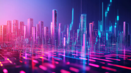 Futuristic Cityscape: Neon Lights, Algorithmic Trading, Quantum Computing, AI, 3D Rendering