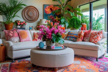 Interior of a stylish living room with a round ottoman fresh flowers