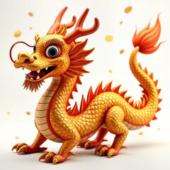 Golden dragon, of Chinese New Year, celebrates with cheerful expression against white background. Gold coins fall around. 3D illustration for greeting card, festive decoration, celebrating Chinese