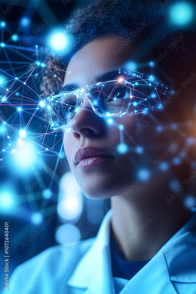 Poster a focused scientist analyzes complex data while wearing smart glasses in a modern research laborator