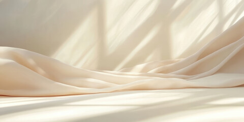 Curtain on the floor of an empty room. Sunlight shining through a window and casting shadows. Interior wall mock up.